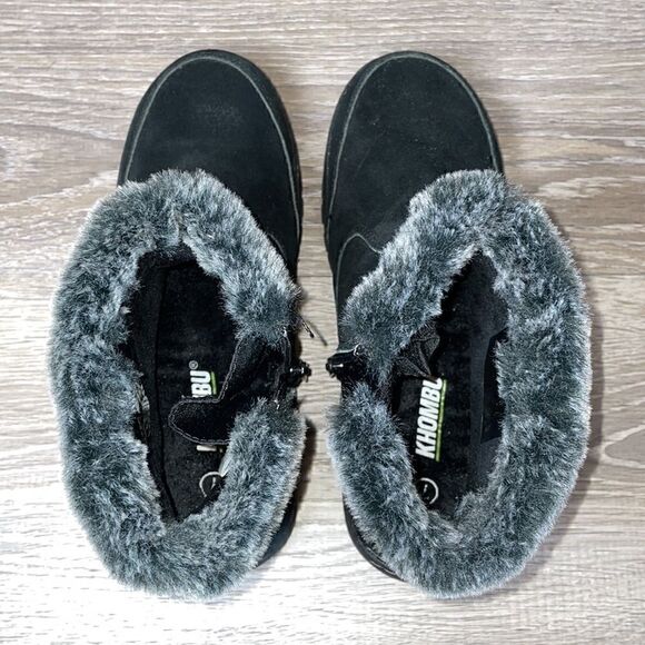 Khombu Iris Black Leather Warm Faux Fur Women’s Size 7M Slip On Zip Ankle Boot - Picture 5 of 12